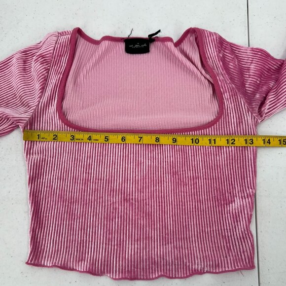 UO Out From Under XS Pink Velvet Bell Sleeve Crop Top Ribbed Square Neck Y2K - Picture 6 of 14